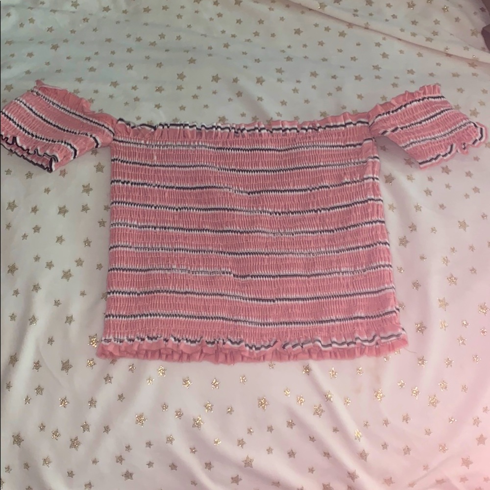pink, black and white striped crop top